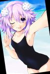  1girl blush breasts covered_navel d-pad d-pad_hair_ornament eyebrows_visible_through_hair hair_ornament iwasi-r looking_at_viewer neptune_(choujigen_game_neptune) neptune_(series) one_eye_closed purple_hair school_swimsuit short_hair small_breasts smile swimsuit tongue tongue_out violet_eyes 