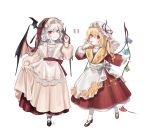  2girls :p absurdres alternate_costume apron bat_hair_ornament bat_wings black_footwear blonde_hair blue_bow blue_hair bow braid commentary cross-laced_footwear dress eyebrows_visible_through_hair fangs fingernails fingers_to_mouth flandre_scarlet floral_print french_flag full_body hair_between_eyes hair_ornament hair_ribbon hand_up hat hat_ribbon highres long_hair long_sleeves mary_janes mob_cap multiple_girls nail_polish one_side_up parted_lips pleated_skirt puffy_sleeves red_dress red_eyes red_footwear red_nails red_ribbon red_sash red_skirt remilia_scarlet ribbon sash shan sharp_fingernails shoes siblings simple_background sisters skirt skirt_hold slit_pupils smile standing striped striped_bow tongue tongue_out touhou twin_braids veil vertical-striped_dress vertical_stripes waist_apron white_apron white_background white_bow white_dress white_hat white_legwear wide_sleeves wings 