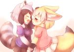 2girls :d ^_^ animal_ears black_gloves black_hair black_neckwear black_skirt blonde_hair blush bow bowtie closed_eyes closed_eyes common_raccoon_(kemono_friends) extra_ears eyebrows_visible_through_hair facing_another fang fennec_(kemono_friends) fox_ears fox_tail from_side fur_collar fur_trim gloves grey_hair half-closed_eyes hand_on_another&#039;s_head holding_another&#039;s_arm kemono_friends looking_at_another matsuu_(akiomoi) miniskirt multiple_girls open_mouth pink_sweater raccoon_ears raccoon_tail short_sleeves skirt smile sweater tail white_background white_skirt yellow_neckwear 