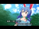  1girl animal_ears blue_hair blue_sky blurry blurry_background cato_(monocatienus) clouds collarbone commentary day dutch_angle letterboxed medium_hair open_mouth outdoors puffy_short_sleeves puffy_sleeves rabbit_ears red_eyes seiran_(touhou) short_sleeves sky solo touhou translation_request upper_body v-shaped_eyebrows 