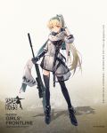  1girl aiguillette ankle_boots badge bangs barcode belt black_footwear black_gloves black_legwear blonde_hair blue_bow blue_headband boots bow character_name closed_mouth clothes_writing coat copyright_name cross-laced_footwear digi-mind_update_(girls_frontline) dress elbow_gloves eyebrows_visible_through_hair eyeshadow full_body girls_frontline gloves gun hair_between_eyes hair_bow hand_to_own_face headband highres holding holding_gun holding_weapon huanxiang_heitu lace-up_boots logo long_hair long_sleeves looking_at_viewer makeup medal official_art pocket red_eyes rifle russian_flag scarf sidelocks single_elbow_glove sleeves_past_elbows sleeves_pushed_up smile sniper_rifle solo standing strap sv-98 sv-98_(girls_frontline) thigh-highs thighs weapon white_scarf 