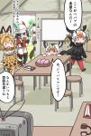  5girls :d ^_^ aardwolf_(kemono_friends) aardwolf_ears aardwolf_tail animal_ears atlantic_puffin_(kemono_friends) backpack bag bare_shoulders bird_tail bird_wings black_hair blonde_hair bow bowtie closed_eyes elbow_gloves extra_ears eyebrows_visible_through_hair flying_sweatdrops food gloves hair_between_eyes hat_feather head_wings helmet high-waist_skirt highres holding indoors jacket japari_bun kaban_(kemono_friends) kemono_friends long_sleeves multicolored_hair multiple_girls necktie no_nose open_mouth pantyhose peeking_out pith_helmet pleated_skirt print_gloves print_neckwear print_skirt red_eyes red_shirt redhead scarf serval_(kemono_friends) serval_ears serval_print serval_tail shirt short_hair shorts skirt sleeveless sleeveless_shirt smile standing stool striped_tail table tail tanaka_kusao television tent translated tufted_puffin_(kemono_friends) two-tone_hair videocasette walking white_hair wings 