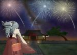  1girl artist_name benghuai_xueyuan bow bronya_zaychik drill_hair earrings fireworks grass grey_eyes grey_hair hair_bow highres honkai_impact japanese_clothes jewelry kimono medium_hair milky_way night night_sky obi sash sky smile solo star_(sky) temple torii tree yukata 