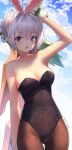  1girl :d animal_ears arm_up bangs bare_shoulders black_leotard blue_sky blush breasts brown_legwear bunny_girl bunnysuit cleavage clouds cloudy_sky cold collarbone commentary day eyebrows_visible_through_hair hair_between_eyes highres league_of_legends lee_seok_ho leotard looking_at_viewer medium_breasts open_mouth outdoors pantyhose rabbit_ears riven_(league_of_legends) sidelocks silver_hair sky smile solo strapless strapless_leotard violet_eyes wrist_cuffs 