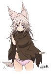  1girl akasha_(syakoba) animal_ears borrowed_character commentary_request facepaint gradient_hair greddyrx grey_hair highres long_hair looking_at_viewer multicolored_hair original panties pink_panties poncho red_eyes simple_background sketch smile tail torn_clothes underwear white_background wolf_ears wolf_tail 