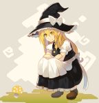  1girl apron beige_background black_hat black_skirt black_vest blonde_hair bow braid breasts brown_footwear commentary_request eyebrows_visible_through_hair full_body hair_between_eyes hair_bow hat highres kirisame_marisa long_hair medium_breasts mushroom petticoat puffy_short_sleeves puffy_sleeves rin_falcon shoes short_sleeves simple_background single_braid skirt smile solo squatting touhou vest waist_apron white_apron white_bow witch_hat yellow_eyes 