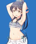  1girl armpits arms_behind_head arms_up bangs bikini blue_background blue_hair blush bracelet commentary_request cowboy_shot hair_between_eyes hair_ornament hairclip jewelry long_hair looking_at_viewer love_live! love_live!_school_idol_festival love_live!_school_idol_project midriff navel necklace open_mouth ponytail shorts side-tie_bikini simple_background skull573 solo sonoda_umi swimsuit yellow_eyes 