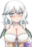  1girl alternate_breast_size alternate_hair_color bare_shoulders blue_eyes bra breasts hair_between_eyes huge_breasts komeiji_koishi looking_at_viewer solo third_eye touhou underwear white_bra white_hair xialu_zajin 