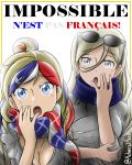  2girls admiral_paru blonde_hair blue_eyes blue_hair blue_scarf commandant_teste_(kantai_collection) commentary_request covering_mouth eyewear_on_head french french_commentary frilled_blouse hair_between_eyes hand_over_own_mouth highres kantai_collection long_hair multicolored multicolored_clothes multicolored_hair multicolored_scarf multiple_girls open_mouth plaid plaid_scarf ponytail redhead richelieu_(kantai_collection) scarf shirt streaked_hair sunglasses translation_request upper_body wavy_hair white_hair white_shirt 