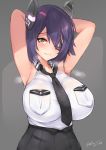  1girl armpits arms_up artist_name blush breast_pocket breasts dated eyepatch grey_background headgear heavy_breathing kantai_collection kuavera large_breasts looking_at_viewer necktie pocket purple_hair remodel_(kantai_collection) short_hair signature simple_background skirt sleeveless solo tenryuu_(kantai_collection) yellow_eyes 