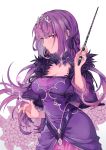  1girl bangs breasts caster_(lostbelt) cleavage commentary_request dress fate/grand_order fate_(series) flower fur_trim hair_between_eyes headpiece highres jewelry large_breasts long_hair looking_at_viewer o0platinum0o purple_dress purple_hair red_eyes runes solo tiara wand white_background 