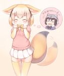  2girls :d ^_^ afterimage animal_ears black_hair black_neckwear blonde_hair blush bow bowtie breast_pocket closed_eyes closed_eyes common_raccoon_(kemono_friends) eighth_note extra_ears eyebrows_visible_through_hair fang fennec_(kemono_friends) fox_ears fox_tail fur_collar fur_trim gloves grey_hair hands_on_own_cheeks hands_on_own_face kemono_friends matsuu_(akiomoi) miniskirt multicolored_hair multiple_girls musical_note open_mouth pink_background pink_sweater pleated_skirt pocket raccoon_ears short_hair skirt smile sweater tail tail_wagging thigh-highs thought_bubble white_gloves white_skirt yellow_legwear yellow_neckwear zettai_ryouiki 