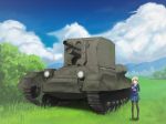  1girl bishop_spg blonde_hair blue_eyes caterpillar_tracks clouds cup darjeeling girls_und_panzer grass ground_vehicle military military_vehicle motor_vehicle self-propelled_gun skirt sky smile st._gloriana&#039;s_school_uniform tank teacup tree yoake_no_koromo 