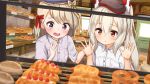  2girls :d against_glass ame. ayanami_(azur_lane) azur_lane baguette bangs beret blue_hat blush bow bread breasts brick_wall brown_bow brown_hat collared_shirt commentary_request door doughnut dress_shirt dutch_angle eyebrows_visible_through_hair food hair_between_eyes hair_bow hand_on_another&#039;s_shoulder hands_up hat headgear high_ponytail indoors long_hair multiple_girls open_mouth parted_lips red_bow red_eyes shirt short_sleeves side_ponytail silver_hair small_breasts smile very_long_hair violet_eyes white_shirt z23_(azur_lane) 