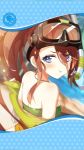  1girl :t artist_request bandeau blue_eyes blush brown_hair eyewear_on_head framed_image green_bandeau hair_between_eyes highres jewelry long_hair necklace official_art paracelsus_(phantom_of_the_kill) phantom_of_the_kill ponytail pout snorkel water 