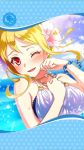  1girl artist_request blonde_hair blush bracelet flabellum_(phantom_of_the_kill) flower framed_image hair_between_eyes hair_flower hair_ornament highres jewelry official_art one_eye_closed open_mouth orchid phantom_of_the_kill red_eyes smile splashing swimsuit water 