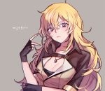  1girl ahoge alternate_costume blonde_hair breasts cleavage ecru fingerless_gloves gloves jewelry looking_at_another messy_hair necklace rwby solo violet_eyes yang_xiao_long 