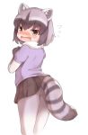  1girl animal_ears black_gloves black_hair black_skirt blush brown_eyes common_raccoon_(kemono_friends) eyebrows_visible_through_hair fang flying_sweatdrops from_behind fur_trim gloves grey_hair hand_up kemono_friends looking_at_viewer looking_back matsuu_(akiomoi) miniskirt multicolored_hair open_mouth pantyhose raccoon_ears raccoon_tail short_sleeves simple_background skirt solo tail tears white_background white_legwear 