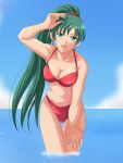  1girl :d arm_up bikini blue_sky breasts cleavage clouds collarbone cowboy_shot cute day earrings fire_emblem fire_emblem:_rekka_no_ken fire_emblem_heroes floating_hair gluteal_fold green_eyes green_hair hair_ornament hand_on_leg high_ponytail intelligent_systems jewelry leaning_forward long_hair looking_at_viewer lyndis_(fire_emblem) medium_breasts moe navel nintendo ocean open_mouth outdoors pink_bikini red_bikini sentihistory sky smile solo summer super_smash_bros. swimsuit very_long_hair wading 