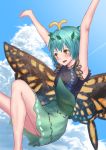  1girl :d antennae aqua_hair armpits arms_up bangs bare_arms blue_sky butterfly_wings clouds dress eternity_larva fairy flying hair_ornament highres leaf leaf_hair_ornament leg_up open_mouth orange_eyes outdoors roke_(taikodon) short_hair sky smile solo touhou wings 