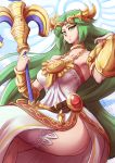  1girl artist_name bare_shoulders belt bracer commentary english_commentary green_eyes green_hair halo jewelry kid_icarus kid_icarus_uprising legs_crossed long_hair mazume palutena sitting smile solo staff thigh-highs tiara very_long_hair white_legwear 