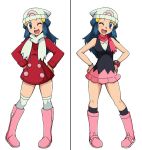  beanie blue_eyes blue_hair breasts coat hat hikari_(pokemon) kuro_hopper pink_footwear pokemon pokemon_(anime) pokemon_dp_(anime) scarf skirt 