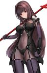  1girl bangs bodysuit breasts closed_mouth covered_navel fate/grand_order fate_(series) gae_bolg hair_between_eyes hair_intakes hips kfr large_breasts long_hair looking_at_viewer pauldrons polearm purple_bodysuit purple_hair red_eyes scathach_(fate/grand_order) simple_background solo spear thighs waist weapon white_background 