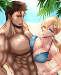  1boy 1girl abs asymmetrical_docking beach bikini blonde_hair blue_eyes breast_press breasts brown_hair chris_redfield facial_hair jill_valentine leaf looking_at_viewer muscle nagare ocean palm_tree pectorals ponytail resident_evil shade shirtless smile stubble swimsuit tan tree unaligned_breasts upper_body 
