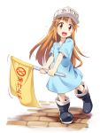  1girl :d asutora blue_shirt boots brown_eyes brown_hair commentary_request eyebrows_visible_through_hair flag flat_cap full_body hat hataraku_saibou highres holding long_hair looking_at_viewer open_mouth platelet_(hataraku_saibou) shirt simple_background smile solo sweat very_long_hair white_background white_hat 