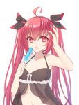  1girl bare_shoulders black_babydoll blue_nails breasts commentary_request date_a_live fang food hair_between_eyes hair_ribbon hand_on_own_head highres itsuka_kotori long_hair looking_at_viewer midriff mo_(pixiv9929995) nail_polish navel popsicle red_eyes redhead ribbon simple_background small_breasts solo twintails upper_body very_long_hair white_background 