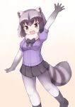  1girl :d animal_ears arm_up black_footwear black_gloves black_hair black_legwear black_neckwear black_skirt blush bow bowtie breast_pocket brown_eyes common_raccoon_(kemono_friends) eyebrows_visible_through_hair fang fur_collar gloves gradient gradient_background grey_hair kemono_friends looking_at_viewer matsuu_(akiomoi) miniskirt multicolored_hair open_mouth pantyhose pleated_skirt pocket raccoon_ears raccoon_tail short_sleeves skirt smile solo tail white_legwear 
