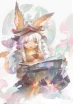  1girl animal_ears bangs bowl claws eyebrows_visible_through_hair fangs furry greenpock highres holding holding_bowl long_hair made_in_abyss nanachi_(made_in_abyss) open_mouth rabbit_ears solo tail whiskers white_hair yellow_eyes 