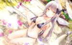  1girl bang_dream! bangs bikini blush breasts butterfly_hair_ornament cleavage commentary_request dated dutch_angle flower grey_hair hair_ornament highres long_hair looking_at_viewer masa_(mirage77) medium_breasts minato_yukina navel parted_lips partially_submerged petals pink_flower pink_rose purple_flower purple_rose rose signature solo sparkle swimsuit wallpaper water yellow_eyes 