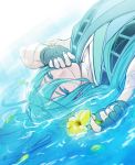  1boy aqua_eyes aqua_hair chiyoganemaru closed_mouth dutch_angle fingerless_gloves flower gloves hand_to_own_mouth japanese_clothes long_hair looking_at_viewer lying male_focus nene on_back shallow_water signature smile solo touken_ranbu water 