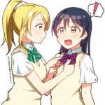  2girls adjusting_clothes ayase_eli bangs blonde_hair blue_eyes blue_hair blush commentary_request hair_between_eyes long_hair looking_at_another love_live! love_live!_school_idol_project multiple_girls open_mouth otonokizaka_school_uniform ponytail scrunchie simple_background skull573 sonoda_umi white_background white_scrunchie yellow_eyes 
