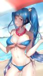  1girl absurdres arcade_sona beach bead_necklace beads bikini blue_bikini blue_eyes blue_hair breasts cleavage cowboy_shot dymao earrings hair_ornament highres jewelry large_breasts league_of_legends lips long_hair looking_to_the_side navel necklace ocean outdoors seductive_smile side-tie_bikini sky smile solo sona_buvelle star star_earrings star_hair_ornament swimsuit twintails under_boob untied untied_bikini very_long_hair 