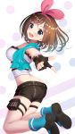  1girl :d a.i._channel ass black_footwear black_gloves black_shorts blue_jacket blue_legwear blush breasts brown_hair butt_crack commentary_request crop_top cropped_jacket fingerless_gloves gloves green_eyes hair_ribbon head_tilt highres jacket kizuna_ai long_hair looking_at_viewer looking_to_the_side medium_breasts mimikaki_(men_bow) multicolored multicolored_hair multicolored_polka_dots open_clothes open_jacket open_mouth outstretched_arm pink_hair pink_ribbon polka_dot polka_dot_background ribbon round_teeth sandals shirt shoe_soles short_shorts shorts sleeveless_jacket smile socks solo streaked_hair teeth thigh_strap upper_teeth virtual_youtuber white_background white_shirt 