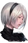  1girl blindfold_removed blue_eyes hairband hankuri looking_down nier_(series) nier_automata parted_lips short_hair simple_background solo upper_body white_background white_hair yorha_no._2_type_b 