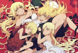  4girls :o bakemonogatari bangs bare_shoulders black_skirt blonde_hair blush commentary_request dress eyebrows_visible_through_hair frown goggles goggles_on_headwear hair_ribbon headwear_removed helmet kiss-shot_acerola-orion_heart-under-blade kizumonogatari long_hair looking_at_viewer lying monogatari_(series) multiple_girls multiple_persona ogipote on_back one_eye_closed oshino_shinobu pointy_ears red_background red_dress ribbon short_hair skirt strap_slip swept_bangs untied vampire very_long_hair white_dress yellow_eyes 