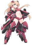  1girl armor blonde_hair clenched_hands closed_mouth commentary_request densou_tenshi_valforce eyebrows_visible_through_hair full_body green_eyes highres karukan_(monjya) long_hair looking_at_viewer mecha_musume midriff misawa_elena navel red_footwear red_shorts short_shorts shorts simple_background solo standing two_side_up unbuttoned white_background 