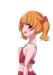  1girl :d aisaki_emiru bangs bikini blunt_bangs blush bow commentary_request eyebrows_visible_through_hair hair_bow hugtto!_precure looking_at_viewer open_mouth orange_hair pink_eyes precure red_bikini red_bow short_hair simple_background smile solo swimsuit twintails upper_body white_background yodarekaketati 