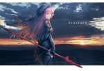  1girl bangs beads bodysuit breasts capelet character_name closed_mouth clouds cowboy_shot dual_wielding english expressionless fate/grand_order fate_(series) floating_hair from_behind gae_bolg gem gloves harng1239 highres holding holding_spear holding_weapon landscape letterboxed long_hair looking_at_viewer looking_back medium_breasts mountainous_horizon outdoors outside_border pink_hair polearm purple_bodysuit purple_capelet purple_gloves red_eyes scathach_(fate/grand_order) shoulder_armor solo spear standing sun sunlight sunset veil weapon wind 