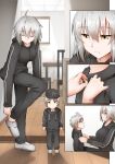  1boy 1girl ahoge breasts chair expressionless fate/grand_order fate_(series) ginhaha hat jeanne_d&#039;arc_(alter)_(fate) jeanne_d&#039;arc_(fate)_(all) large_breasts mother_and_son shoes short_hair silver_hair table track_suit window yellow_eyes 