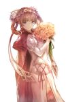  1girl absurdres bangs blue_eyes blunt_bangs bouquet braid breasts brown_hair cape character_request closed_mouth commentary_request dress elbow_gloves flower gloves granblue_fantasy hair_ornament hair_rings hairband highres holding holding_bouquet jewelry juliet_(granblue_fantasy) lala_(0915_yu) long_hair medium_breasts pink_hair red_cape ribbon solo white_background white_dress white_gloves 