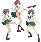  akiyama_yukari blouse brown_eyes brown_hair girls_und_panzer green_skirt high_kick highres ikomochi kicking messy_hair ooarai_school_uniform panties pleated_skirt school_uniform serafuku skirt skrit underwear white_blouse white_panties 