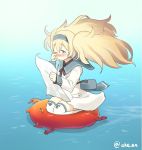  1girl ahenn blonde_hair blue_eyes commentary_request dress enemy_lifebuoy_(kantai_collection) floating full_body gambier_bay_(kantai_collection) hairband kantai_collection map_(object) sailor_dress seiza shinkaisei-kan sitting tears thigh-highs twintails twitter_username water white_dress white_legwear 