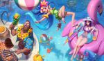  3girls :d alternate_costume alternate_hair_color bare_arms bare_hips bare_shoulders barefoot beard beemo bikini bird bracelet breasts caitlyn_(league_of_legends) cleavage cleavage_cutout crab day duck eyewear_on_head facial_hair fish flat_chest flip-flops flower gangplank goggles green_eyes grill gun hair_flower hair_ornament hat heart heterochromia holding jewelry large_breasts league_of_legends lifebuoy lips long_hair lulu_(league_of_legends) lying medium_breasts multiple_boys multiple_girls navel one-piece_swimsuit open_mouth outdoors pool pool_party_caitlyn pool_party_gangplank pool_party_lulu pool_party_miss_fortune pool_party_ziggs pool_party_zoe purple_hair purple_skin redhead ribbon rifle rift_scuttler sandals sarah_fortune smile sniper_rifle squid_hat sunglasses swimsuit teemo very_long_hair violet_eyes water water_gun weapon yordle ziggs zoe_(league_of_legends) 