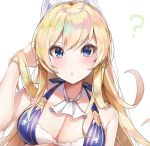  1girl :o ? ascot azur_lane bangs bare_shoulders blonde_hair blue_eyes blush braid breasts cleavage collarbone dress eyebrows_visible_through_hair glorious_(azur_lane) hair_between_eyes hand_in_hair headgear highres large_breasts long_hair looking_at_viewer open_mouth sidelocks simple_background solo upper_body very_long_hair white_background yayoichi_(yoruyoru108) 