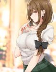  1girl absurdres black_bow bow braid breasts brown_eyes brown_hair earrings eyebrows_visible_through_hair finger_to_mouth hair_over_shoulder highres idolmaster idolmaster_shiny_colors jewelry kuwayama_chiyuki large_breasts long_braid long_hair necklace ribbed_shirt ryuu. shirt single_braid solo white_shirt 
