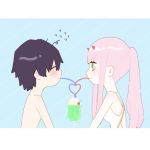  1boy 1girl bangs bare_shoulders black_hair blush closed_eyes commentary couple cup darling_in_the_franxx difxx_pcc drink drinking drinking_straw eyebrows_visible_through_hair green_eyes hair_ornament hairband hetero highres hiro_(darling_in_the_franxx) horns long_hair looking_at_another oni_horns pink_hair ponytail red_horns sharing_food shirtless short_hair swimsuit white_hairband white_swimsuit zero_two_(darling_in_the_franxx) 